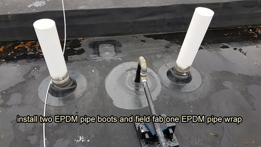Pipe penetration in BUR Rolled Asphalt Modified Roof, has four voids at the base, with water pooled in the interior.